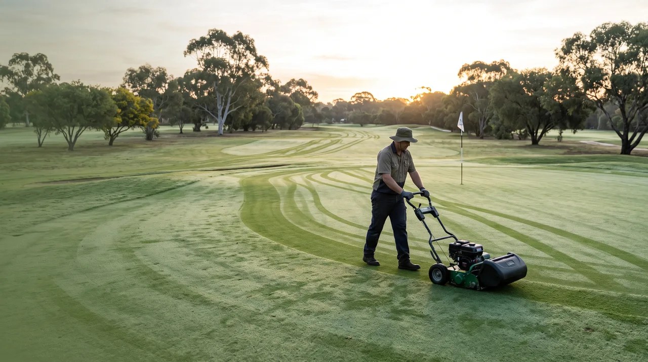 Greenkeeper mowing a golf green at dawn
