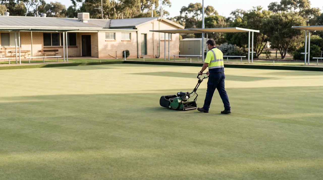 Tightly mown lawn bowls green in morning light