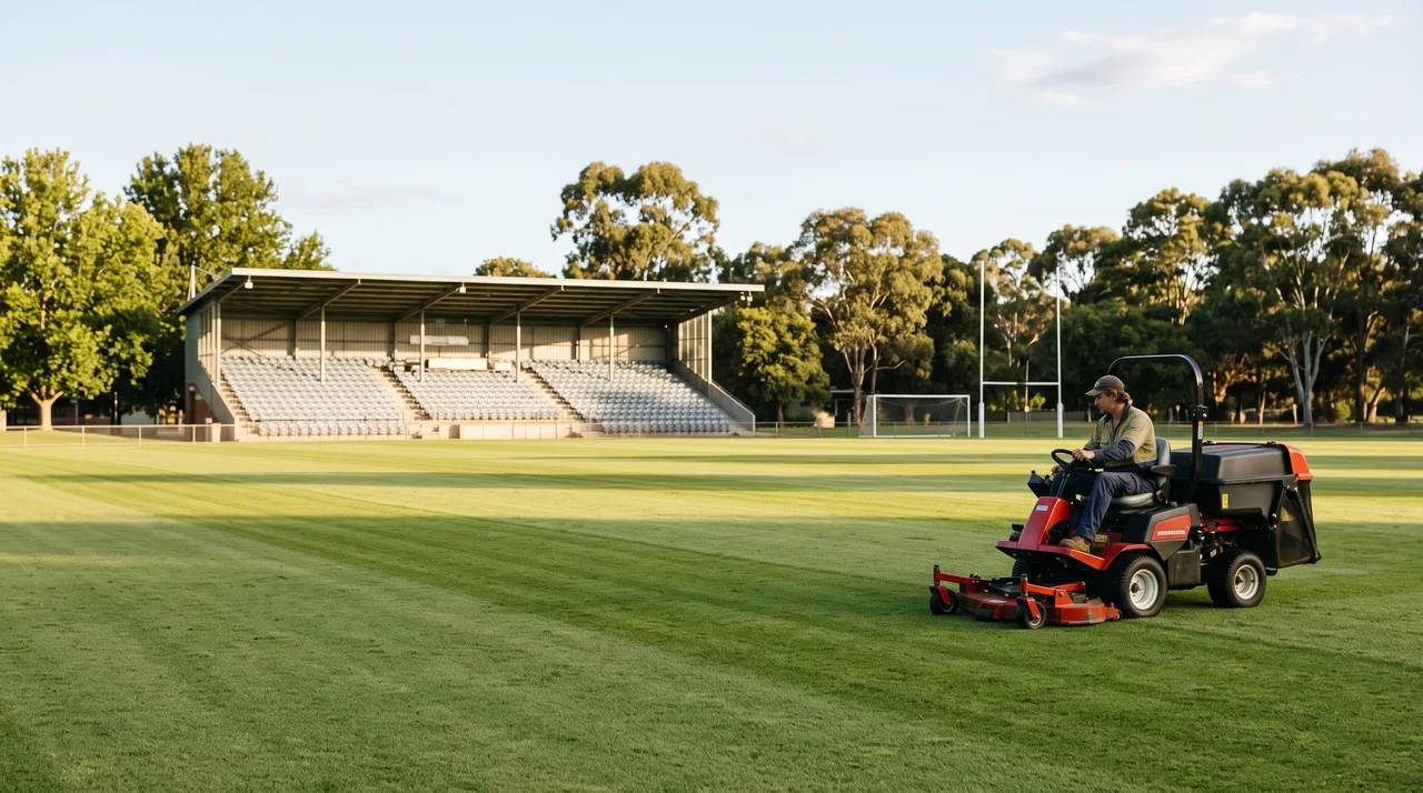 Groundsperson striping a sports oval on a ride-on mower