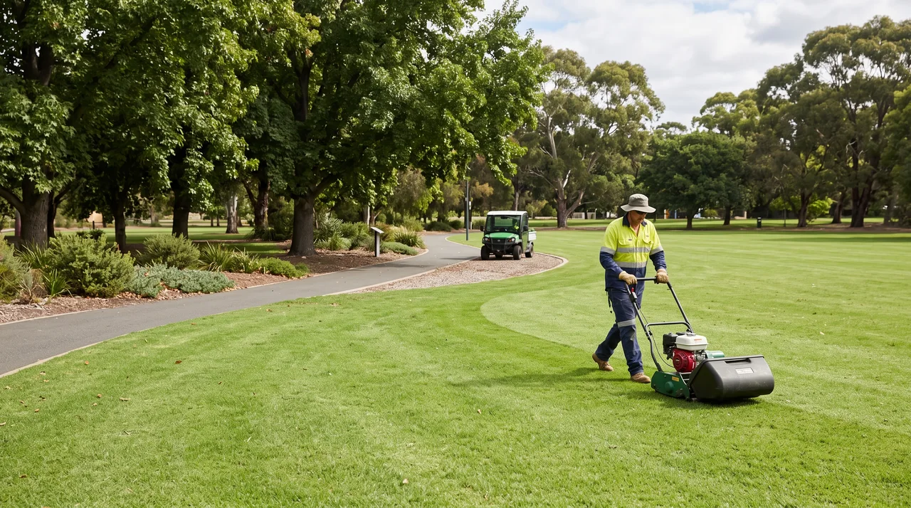 Parks worker maintaining turf in a leafy public park