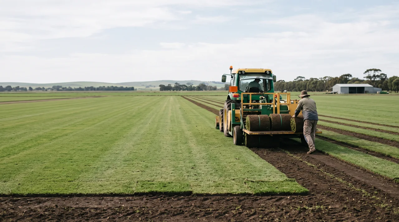 Sod harvester lifting rolls of turf on a commercial turf farm