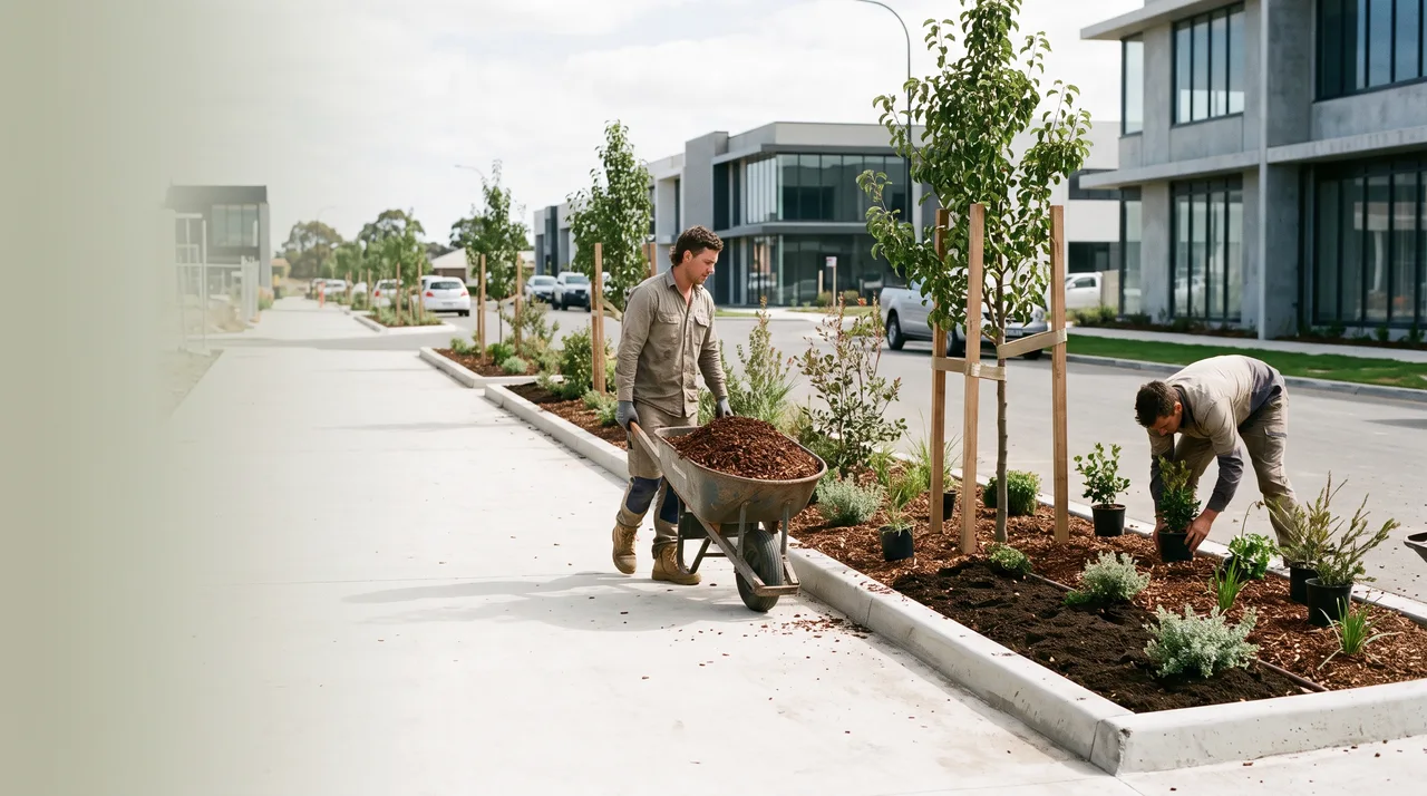 Landscape crew planting out garden beds on a commercial site