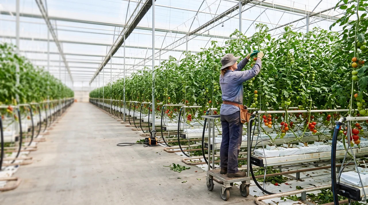 High-wire tomato rows inside a commercial greenhouse