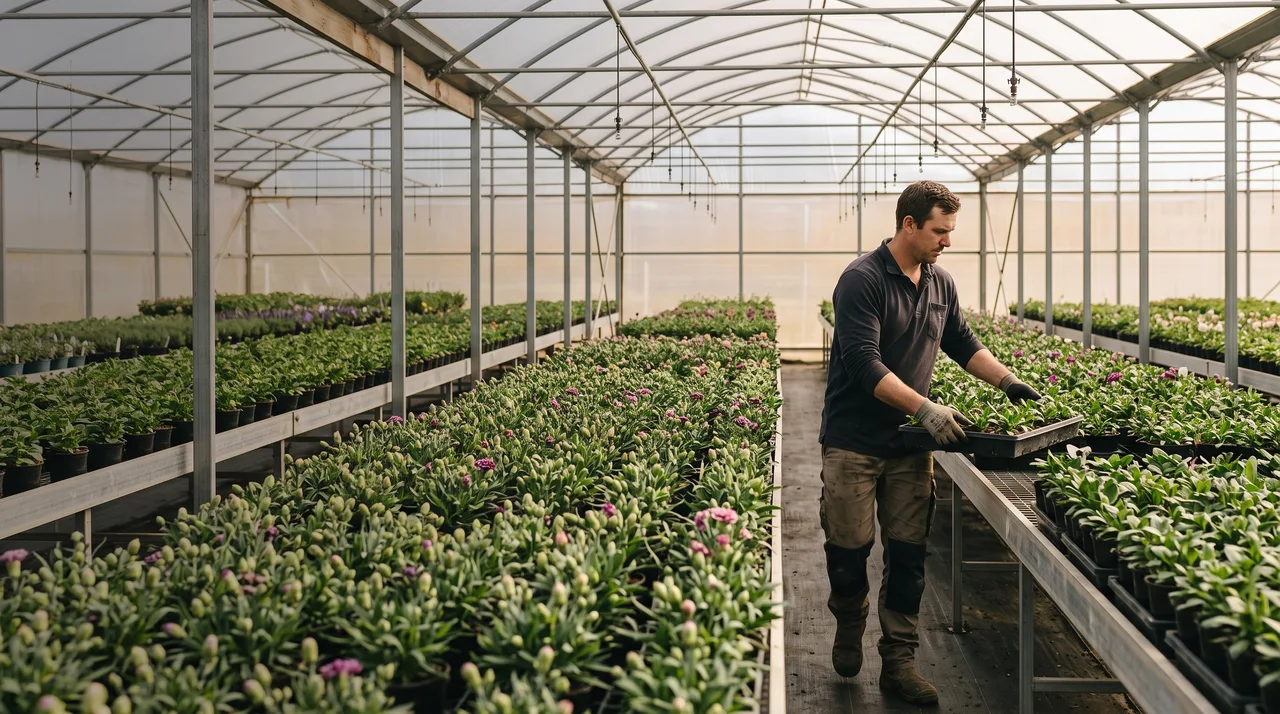 Benches of flowering crops in a commercial flower greenhouse