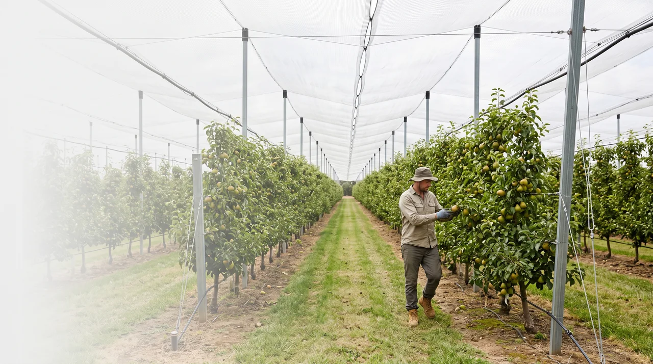 Fruit orchard growing beneath a protective netting canopy