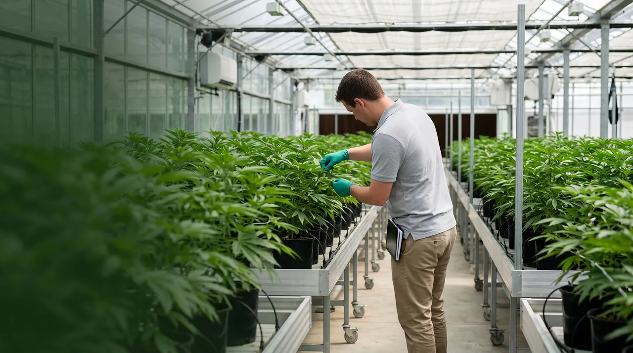 Uniform rows of plants on benches inside a licensed cultivation greenhouse