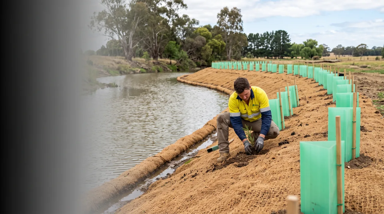 Revegetation crew planting native tube stock with tree guards on a creek bank